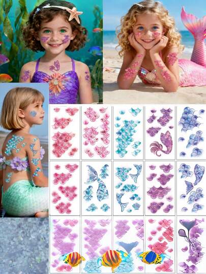 10 st färgglada fiskfjäll tillfälliga tatueringsklistermärken, realistisk snäckskaldesign, sjöjungfrufesttillbehör, strandfest, cosplay-smink falska tatueringar