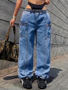 Women's Mid Waist Washed Blue Elastic Waistband, Multi Pocket Work Pants, Denim Pants - 中等水洗藍 - 查看 1