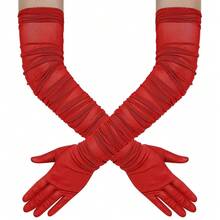 Hazhlko Women's Super Long Stretchy Ruched Mesh Tulle Sheer Gloves Costume Opera Party 1920's Dance Gloves{"Color_name":"Red"} - 紅色的 - 查看 1