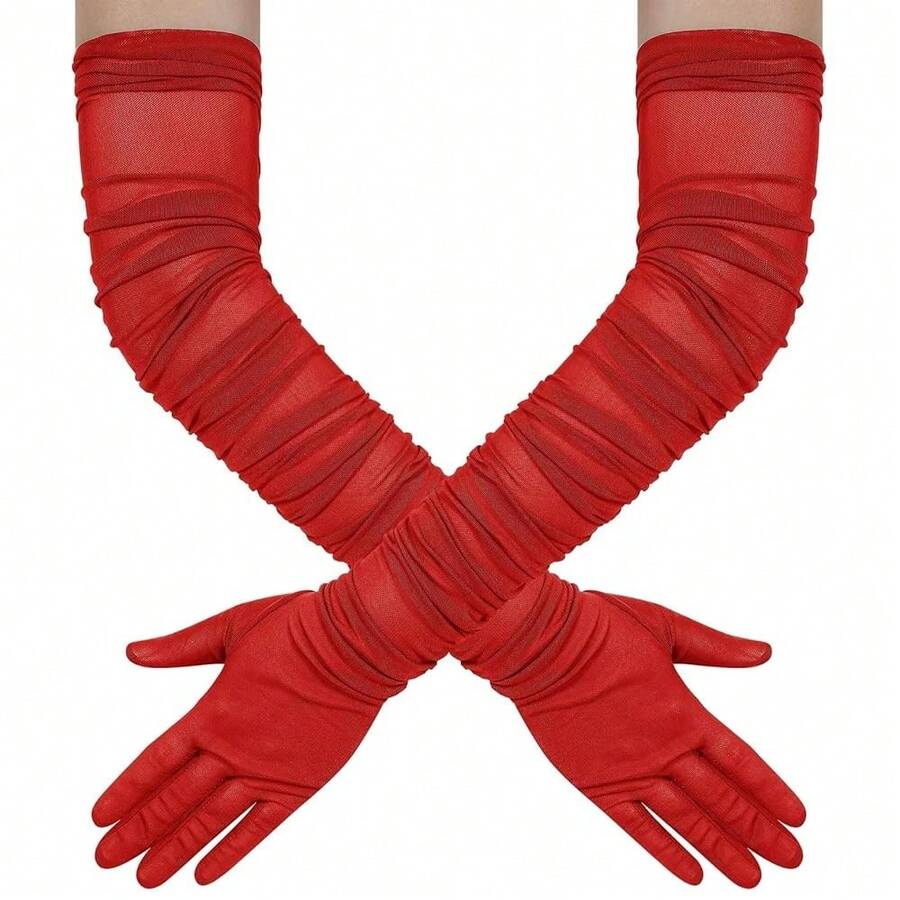 Hazhlko Women's Super Long Stretchy Ruched Mesh Tulle Sheer Gloves Costume Opera Party 1920's Dance Gloves{"Color_name":"Red"} - 紅色的 - 查看 1