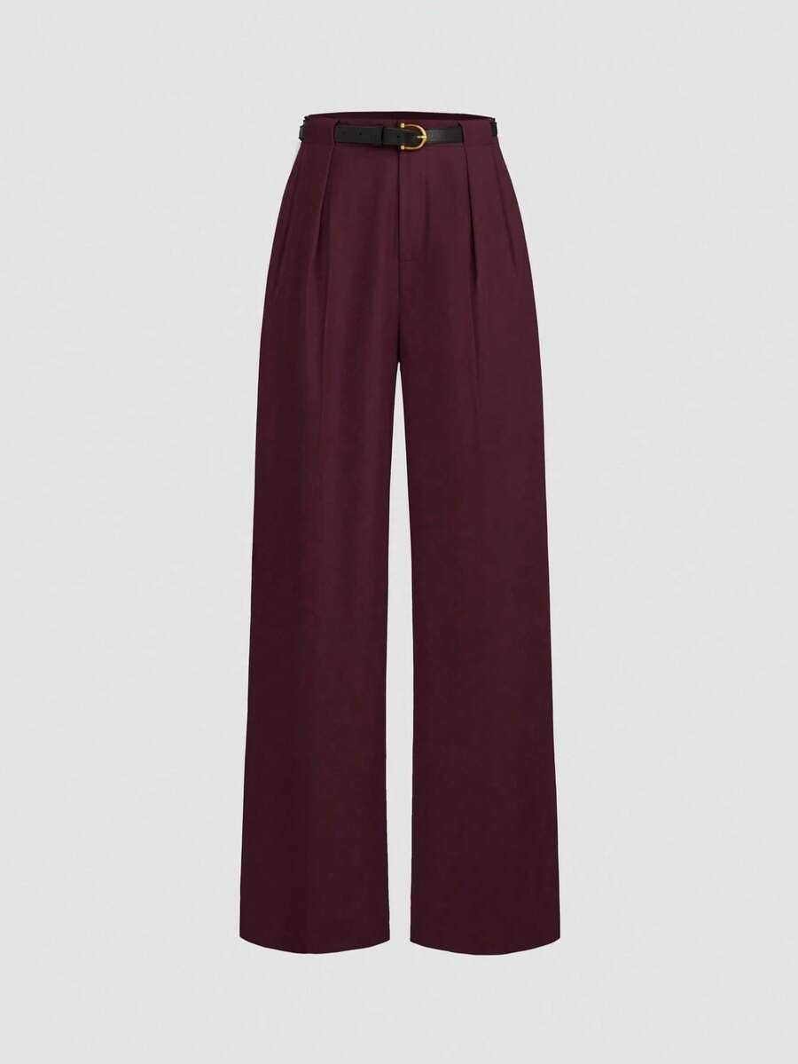 Mid-Waist Solid Color Elegant Straight Leg Pants With Belt