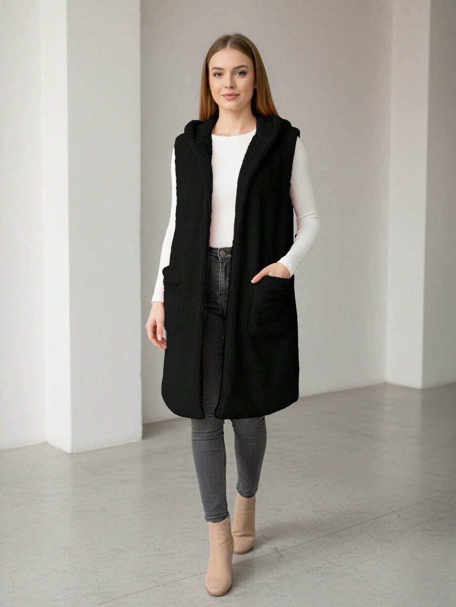 Chaleco largo informal con capucha para mujer con bolsillos delanteros, tejido elástico medio para un estilo cotidiano. - Negro - Ver 1