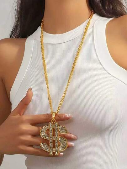 1pc Hip-Hop Retro Streetwear Photo Chain Dollar Sign Fully Rhinestone Pendant Necklace, Suitable For Men And Women Wearing Hip-Hop Style, Great Gift For Friends