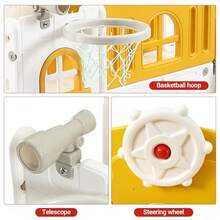 Tobogán infantil 8 en 1 con aro de baloncesto, volante, telescopio y túnel. Tobogán independiente para niños pequeños, ideal para interiores y exteriores. Incluye pelota y espacio de almacenamiento. - naranja verde - Ver 7