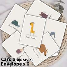 6pcs/Set Cartoon Birthday Theme Greeting Cards With Envelopes, Cute Birthday Cards, Fun Birthday Gifts - one-size - View 1