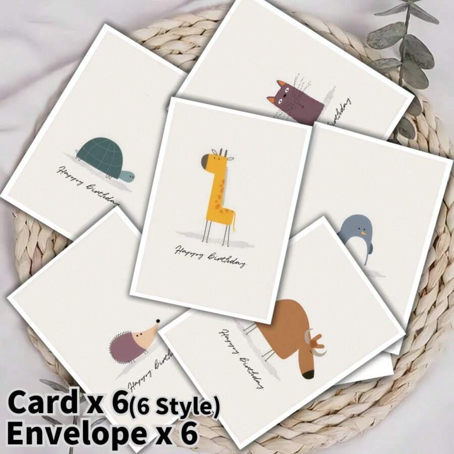 6pcs/Set Cartoon Birthday Theme Greeting Cards With Envelopes, Cute Birthday Cards, Fun Birthday Gifts - one-size - View 1