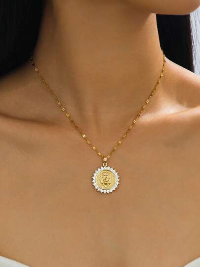1pc Lion Head Round Faux Diamond Decor Necklace, Elegant Clavicle Chain, Suitable For Daily Wear, Great Gift For Friends