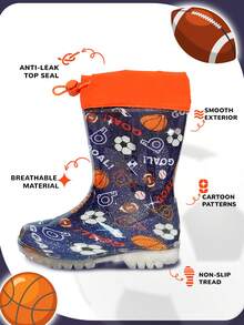 Kids Sports Ball Rain Boots With Drawstring, Waterproof Easy-On Boots For Outdoor Play - 藏青色 - 查看 3