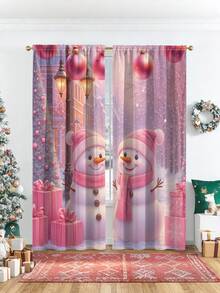2件套圣诞主题磨毛数码印花窗帘，粉色圣诞雪人吊坠营造圣诞氛围，杆袋式安装，半透明涤纶面料 - 彩色 - 查看 2