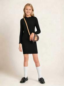 Classic Fitted Long Sleeve Snug Fit Dress For Girls, Spring & Fall Party Sweet Casual Dresses, Gift - Black - View 4