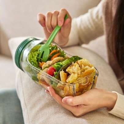 1 Stück großer, auslaufsicherer, tragbarer Salatbehälter, seitlich öffnendes vertikales Schichtendesign mit integriertem Dressing-Fach, wiederverwendbare Lunchbox für Büro, Picknick und Reisen