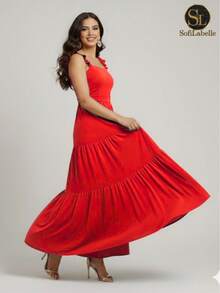 Women's Plus Size Long Dress, Three Marias Style, Elegant Evangelical Fashion, Party Dress, Sleeveless, Strapless, Ruffled, Dune - 紅色 - 查看 4