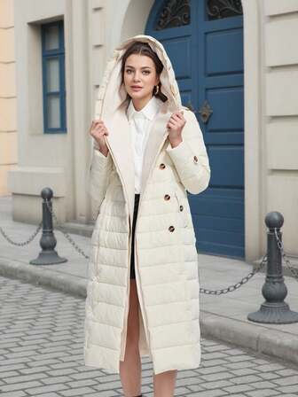 ZIAI Abrigo acolchado de tela tejida con capucha para mujer, de longitud midi, con bolsillos parche y mangas regulares