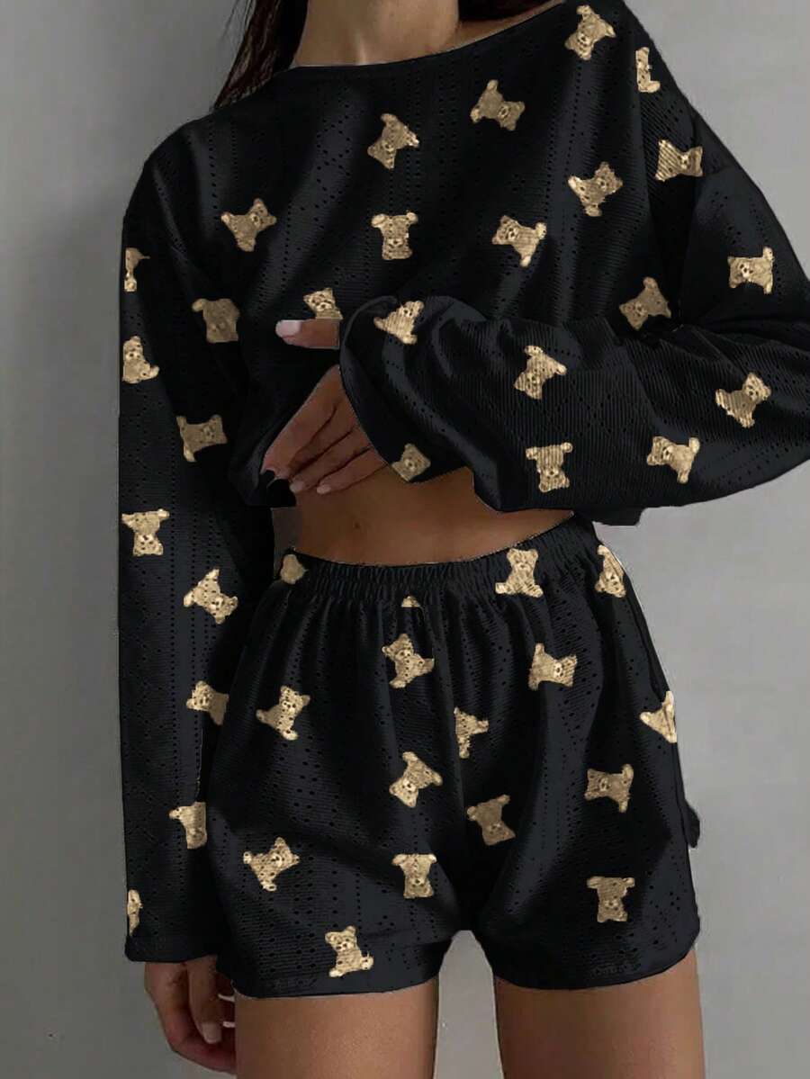 Nina Bonheur 2件套女士舒适镂空小熊印花长袖上衣和短裤睡衣套装 - 圆领上衣 + 侧开衩短裤睡衣，秋冬服装