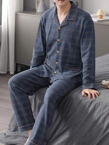 2pcs/Set Men's Loose Fit Long Sleeve Cardigan Pajama Set, Casual Sleepwear For Middle-Aged, Autumn/Winter 2025 Collection - Blue - View 4