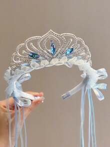 1pc Girls' Fairy Icy Snow Headband, Sweet Princess Ribbon Veil Crown Hair Accessory - Blue - View 3