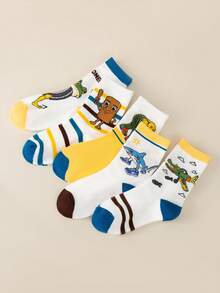 5 Pairs Cute Shark Cartoon Pattern Children's Socks, Breathable Moisture-Wicking, Boys' Mid-Calf Socks, Autumn/Winter - Multicolor - View 4