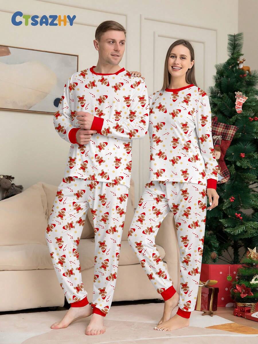 男士姜饼人与星星拐杖糖印花圆领长袖上衣和抽绳裤睡衣套装，2件套，圣诞装饰元素，秋冬服装