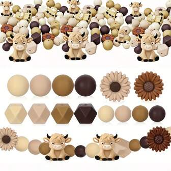 50 朵雏菊花，3D 高地牛硅胶珠，棕色圆形六角散珠，适用于 DIY 珠宝制作项链手链制作，秋季房间装饰 DIY 串珠