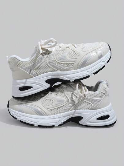 DareSee Fall/Winter New Women's Casual Sneakers, Chunky Sneakers, Shoes, White Shoes, Couple Models, Round Toe Lace-Up, Mesh & Leather, Breathable, Versatile, Printed & Graffiti, School Style, Outdoor Hiking Casual Commuting Shoes Gifts