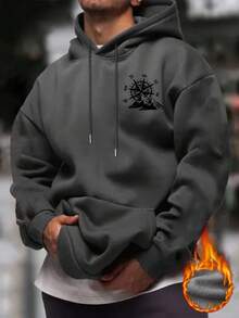 男士休闲简约街头户外山地印花宽松保暖连帽卫衣 | 时尚长袖上衣 - 深灰色 - 查看 4