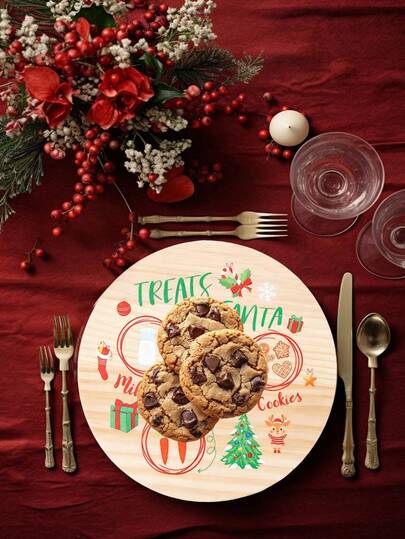 Bandeja redonda de madeira com Papai Noel e rena 2D, bandeja redonda para lanches de Natal, bandeja para lanches, estilo vintage charmoso com boneco de gengibre, cenoura, frutas vermelhas e outros padrões, adequada para lanches, doces, frutas, bandeja para lanches, perfeita para decoração de casa, decoração sazonal, festa de Natal