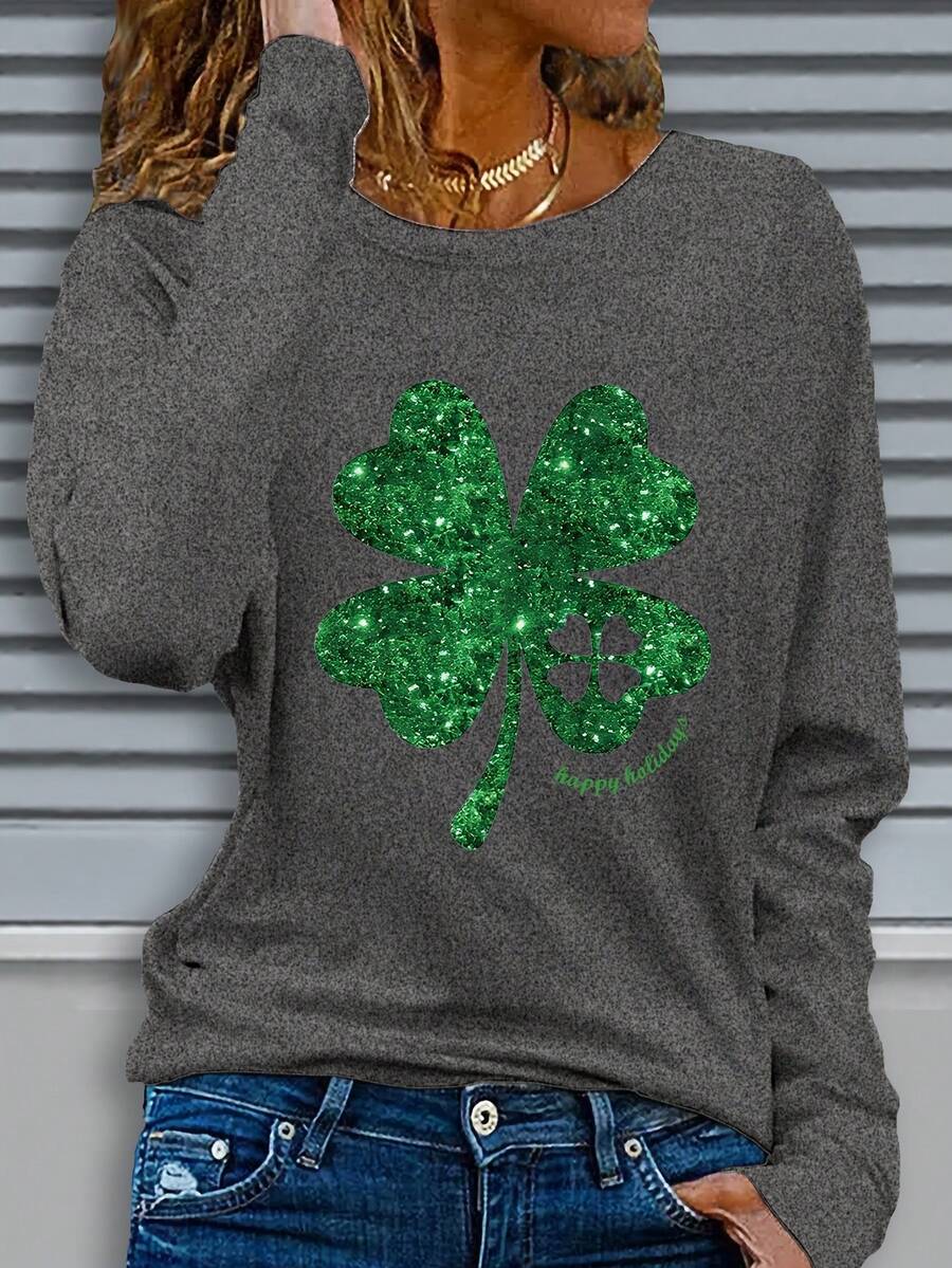 Christmas Outfit Women Ladies Casual Long Sleeve Round Neck Pattern Printed T-Shirt - Four-Leaf Clover Glitter Design With Happy St. Patrick's Day Text, Machine Washable Regular Fit For Autumn Winter Season And Festival Celebration Outfits, Straight Sleeve Design Loose And Comfortable Winter Clothes For Women - 黑灰色 - 查看 1