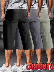 [Spring/Summer Style]3 Pcs Men's Drawstring Solid-Color Sports Training Outdoor Seven-Minute Pants With Zipper Pockets, Fitness Sports - Multicolor - View 3
