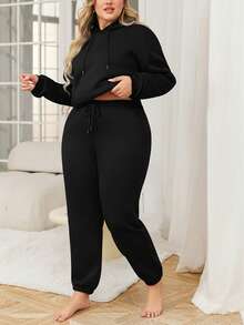 Bộ đồ ngủ 2 món cỡ lớn dành cho nữ, áo nỉ có mũ trùm đầu và quần nỉ dây rút, thích hợp mặc ở nhà, bộ đồ thể thao ngoài trời và quần áo mùa đông - màu đen - Xem 5