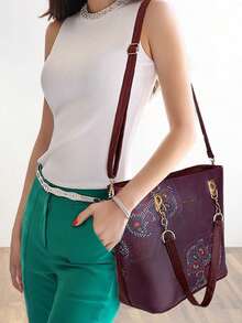 Conjunto completo de bolso de mano para mujer, con estampado floral, de piel sintética, con asa superior, para mamá - Burdeos - Ver 2