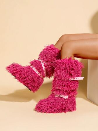 2025 Autumn/Winter New Fashion Thick Sole Snow Boots, Y2K Punk Faux Shearling Boots, Riveted Boots, Platform Furry Boots