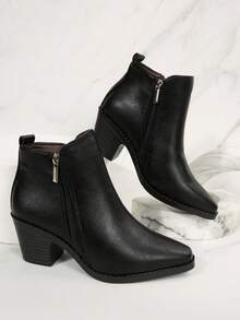 Fall/Winter Women's Fashion Chunky Heel Simple Side Zipper Plus Size Boots, Western Style Side Zipper Rhinestone Decor, Holiday - Black - View 5