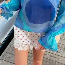 Boho Women's Lace Trim Satin Silk Shorts Shiny Elastic Waist Mini Shorts Pettipants Half Slip Shorts French Knickers Boyshorts For Dresses Full Coverage Underwear Lounge Pants - 紅白色 - 查看 2