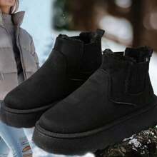 Women's Ankle Boots, Fleece Lining, Thick Warm Boots, Slip-On, Elastic, Platform, Snow Boots, Suede, Short Tube, Round Toe, Simple, Durable, Non-Slip, Plus Size, Autumn/Winter,Black Fur Boots,Platform Sneakers - màu đen - Xem 10