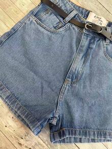 Jean Shorts Mom Shorts High Waist Plain Without Lycra Women's With Belt And Without Belt - Marmorizada com cinto - 查看 2