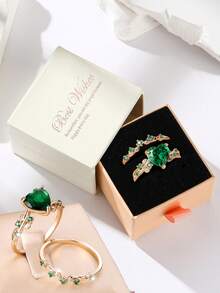 2pcs/Set Heart-Shaped Cubic Zirconia Rings, Romantic & Luxurious, Hypoallergenic Jewelry, Suitable For Wedding, Engagement, Valentine's Day Gift - Gold + Emerald - View 10