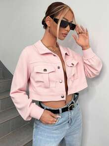 Chaqueta corta de pana con solapa y hombros caídos para mujer, otoño e invierno - Rosa Pálido - Ver 2