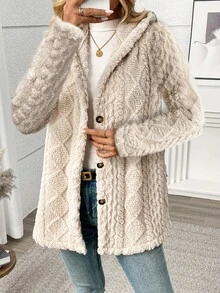 Long Solid Color Diamond Pattern Fleece Front Button Cardigan, Everyday Wear, Autumn/Winter - Rice Apricot - View 4