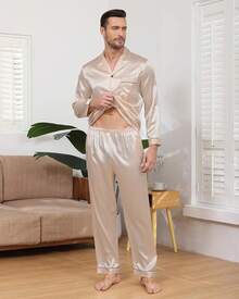 BigKing Men's Silk Satin Pajama Set, Men's Pajama Set, Soft, Long Sleeve, Button-Down - Sampanye - View 3