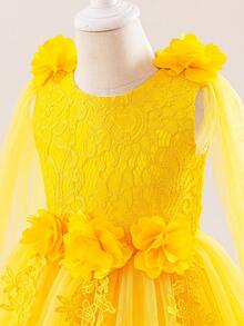 High-End Children's Long Evening Dress, Girls' Fashionable Yellow Lace Contrast Mesh Skirt, European And American Style For Hosting, Runway, Piano Recital, Party, Flower Girl Wedding, Festival Occasion, Luxurious Bright Fluffy Princess Birthday Dress With 3D Floral Decor - Yellow - View 5