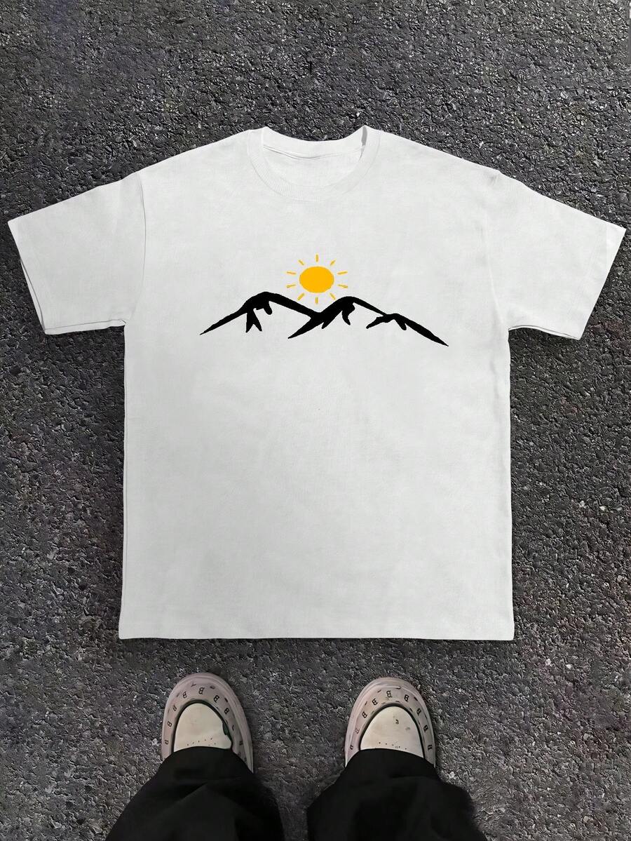 1pc Retro Mountains And Rivers The Sun Rises Pattern Print Casual Crew Neck T-Shirt For Men's, Comfortable Fit Graphic Tees, Suitable For All Seasons, Daily Wear Clothes, School Wear, Street Wear Tops - White - View 1
