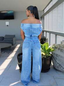 Steph T Stacked Wide Leg Denim Jumpsuit - Light Wash - View 6