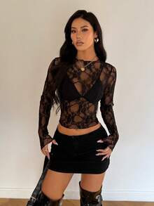 Women's Black Sheer Mesh Lace Long Sleeve Top - Black - View 6