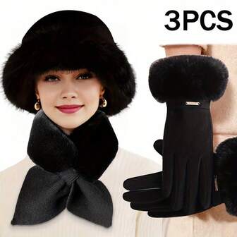 3pcs Winter Warm Accessory Set - Touchscreen Gloves + Thick Criss-Cross Scarf + Plush Hat, Ideal Gift For Christmas / Valentine's Day