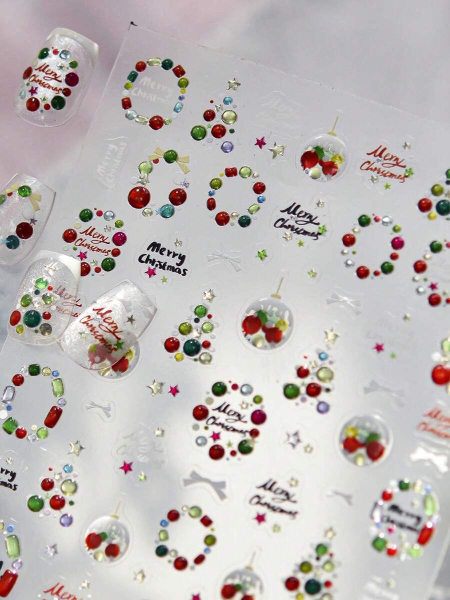 1PC Jelly Colorful Christmas Wreath Press-On Nail Stickers Festive Tree Bow 5D Nail Art With Multi-Dimensional Holiday Playful Seasonal Self-Adhesive Nails For Women's Merry DIY Manicure Decals