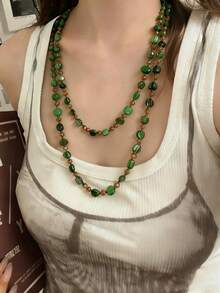 1件复古项链，波西米亚风格彩色贝壳串珠双层项链，复古奢华假日长项链，可叠戴，各种宝石和珍珠颜色和形状 - 綠色 - 查看 2