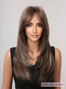 22 Inch Brown Highlights Multi-Layered Wigs With See-Through Bangs Split Bangs Layered Elegant And Attractive Synthetic Wigs Parisian Chic New Signature Look Suitable For Daily Party Festival And Cosplay Wear Wig For Women Hairstyle - 挑染棕色 - 查看 3