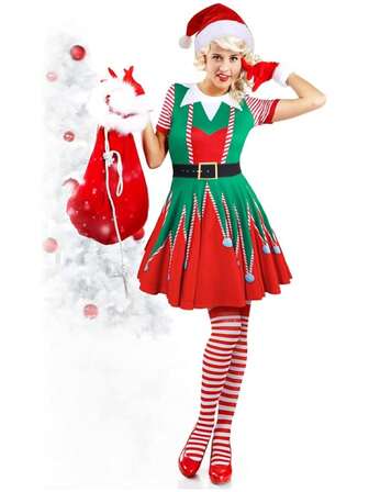 圣诞节拍照道具：女士短袖圣诞连衣裙、过膝长袜、圣诞帽、新奇拐杖糖条纹圣诞袜套装，适合主题派对和万圣节，圣诞老人帽圣诞派对用品
