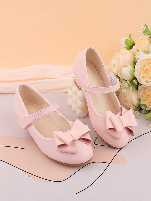 Girls' Fashion Pink Minimalist Bow Decor Formal Dress Shoes, Suitable For Occasions Like Parties, Weddings, Performances, Ballet, Princess Style, Comfortable And Versatile For Toddlers, Little Girls And Big Girls