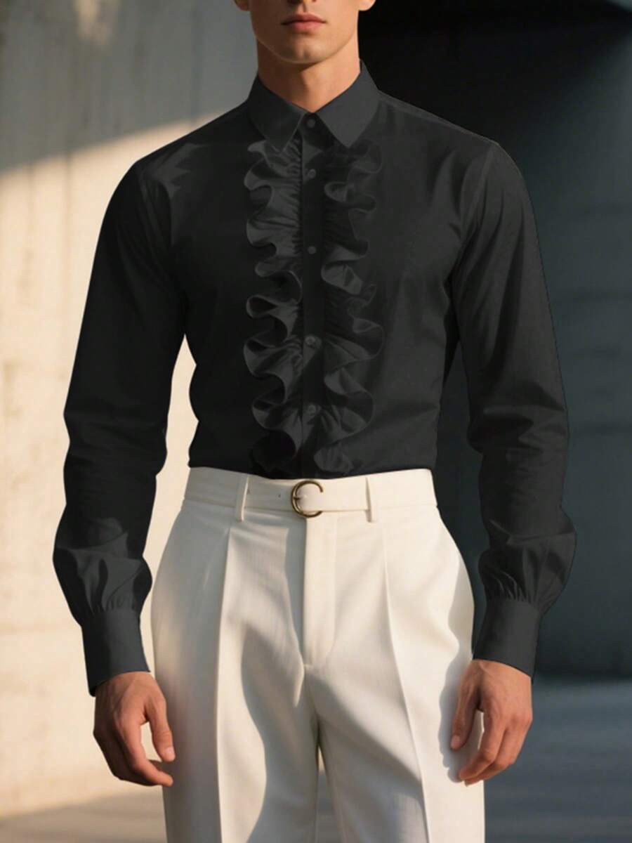 INCERUN Fashion Mens Button Front Ruffles Long Sleeve Party Casual Plain Blouse Spring/Fall Shirt Tops - Black - View 1